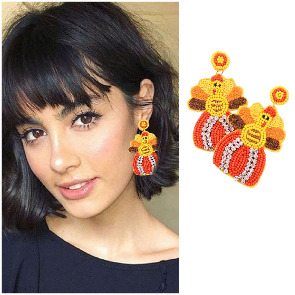 Thanksgiving Theme Pumpkin Turkey Rhinestone Sparkle Beaded Earrings
